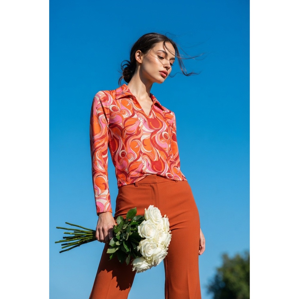 Iconic Y2K Retro Psychedelic Swirl Print V-Neck Top Orange Pink Small